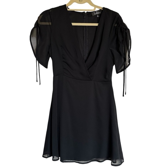 Lulu's Black Elegant V-neck Rushed Sleeves Mini Chiffon Women's Dress Size S - Picture 1 of 10